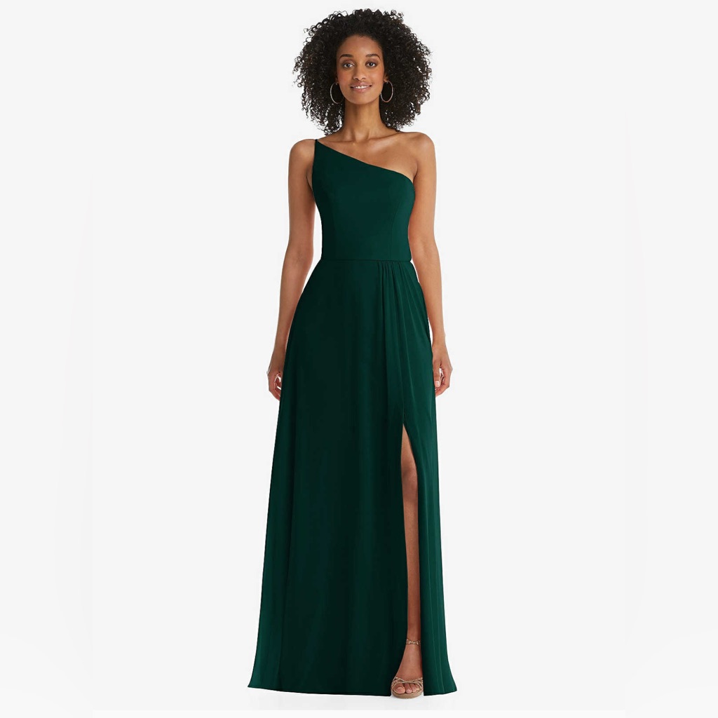New After Six One Shoulder Chiffon Maxi Dress Shirred Front Slit In Evergreen 0